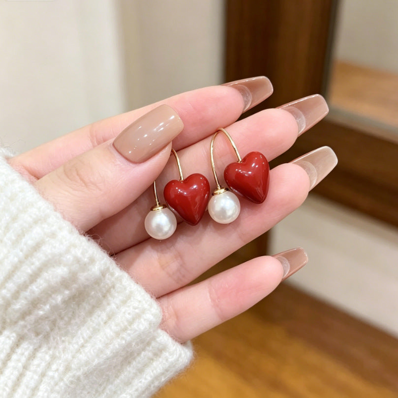 Heart Shape Tassel Earrings For Women With Copper Studs, Electroplated Alloy And Artificial Pearl Inlay