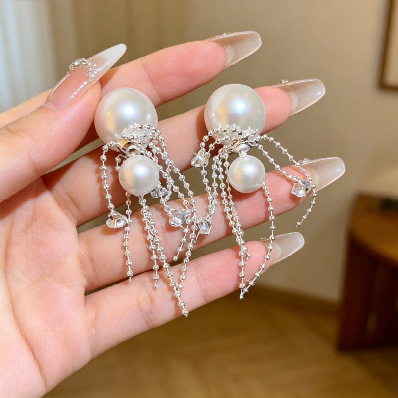 Heart Shape Tassel Earrings For Women With Copper Studs, Electroplated Alloy And Artificial Pearl Inlay