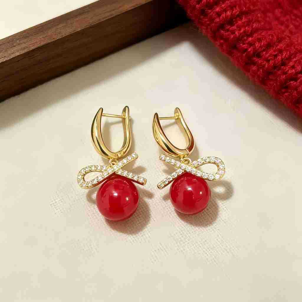 Gold Bow Tie Drop Earrings For Women In New Style, Made Of Copper With Rhinestone Inlay