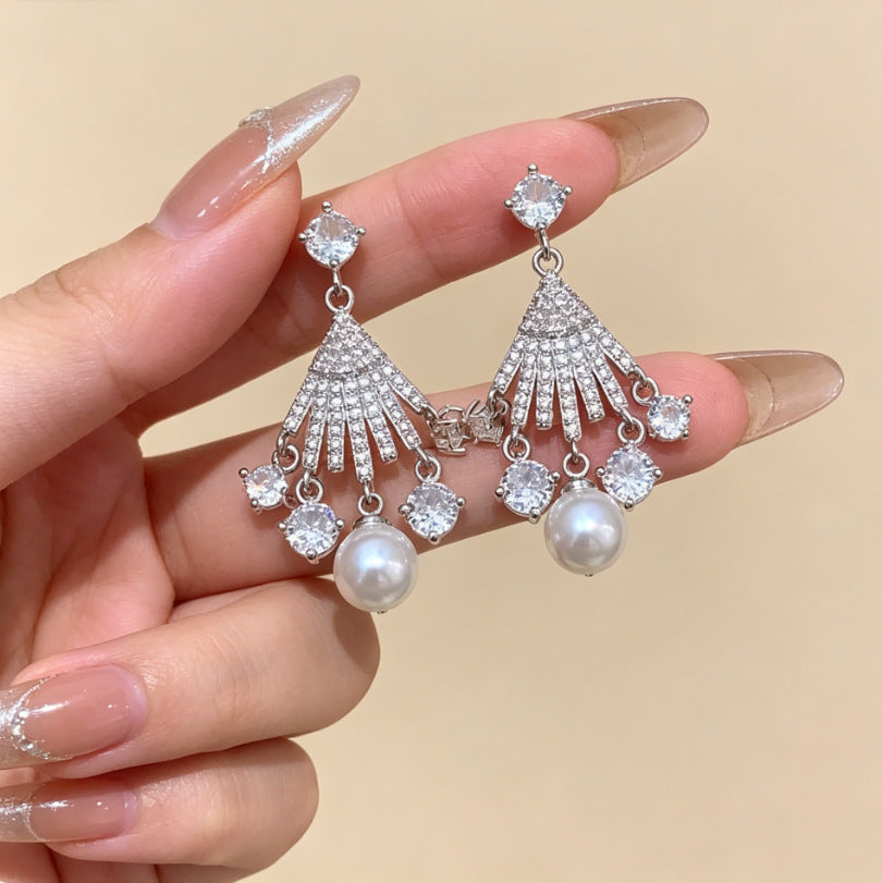 Heart Shape Tassel Earrings For Women With Copper Studs, Electroplated Alloy And Artificial Pearl Inlay
