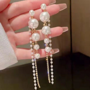 Heart Shape Tassel Earrings For Women With Copper Studs, Electroplated Alloy And Artificial Pearl Inlay