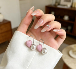 Heart Shape Tassel Earrings For Women With Copper Studs, Electroplated Alloy And Artificial Pearl Inlay