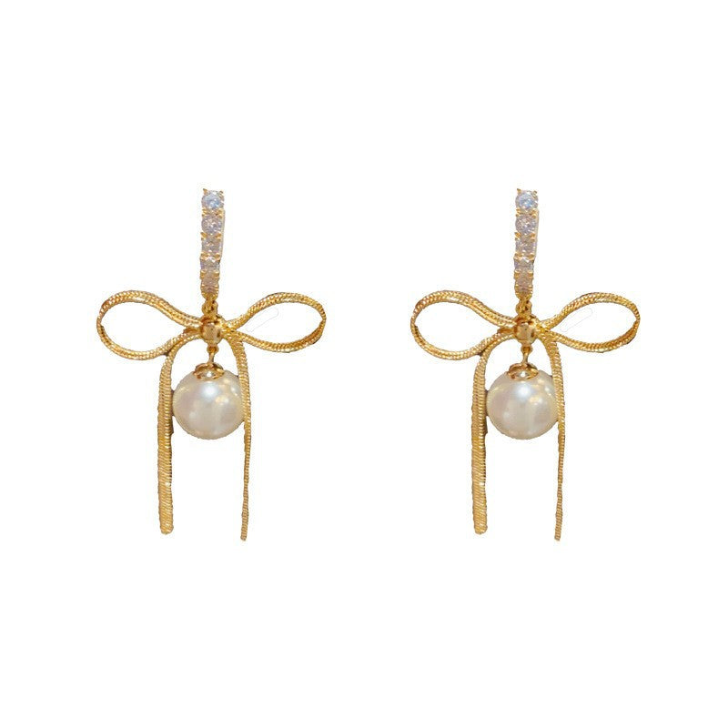 Bow Tie Tassel Drop Earrings For Women With Copper Ear Pins, Real Gold Plated And Artificial Pearl Inlay