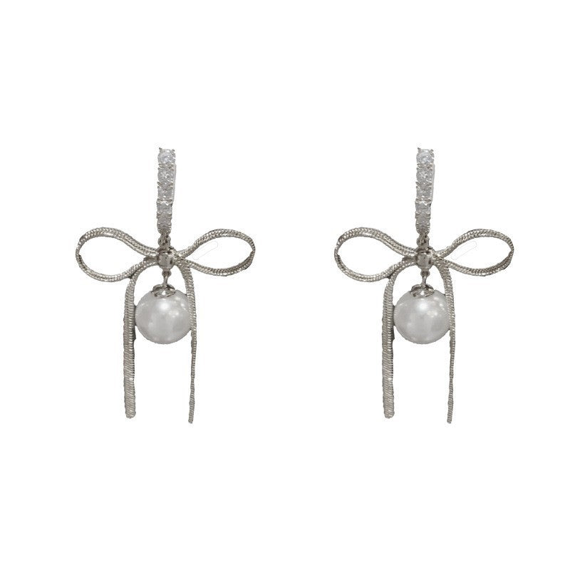 Bow Tie Tassel Drop Earrings For Women With Copper Ear Pins, Real Gold Plated And Artificial Pearl Inlay