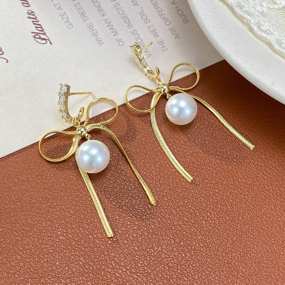 Bow Tie Tassel Drop Earrings For Women With Copper Ear Pins, Real Gold Plated And Artificial Pearl Inlay