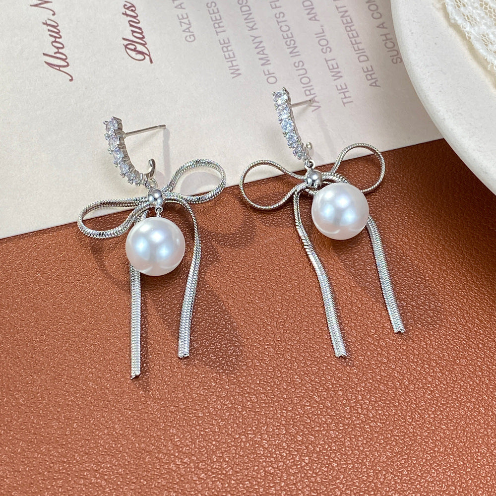 Bow Tie Tassel Drop Earrings For Women With Copper Ear Pins, Real Gold Plated And Artificial Pearl Inlay