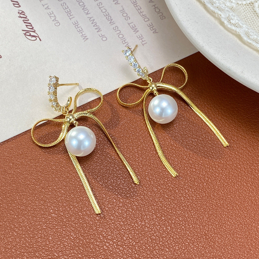 Bow Tie Tassel Drop Earrings For Women With Copper Ear Pins, Real Gold Plated And Artificial Pearl Inlay