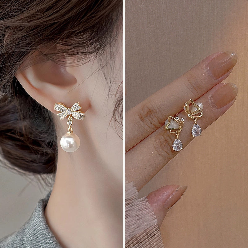 Luxurious Bow Tie Drop Earrings For Women With Zircon Inlay, Featuring 925 Sterling Silver Studs