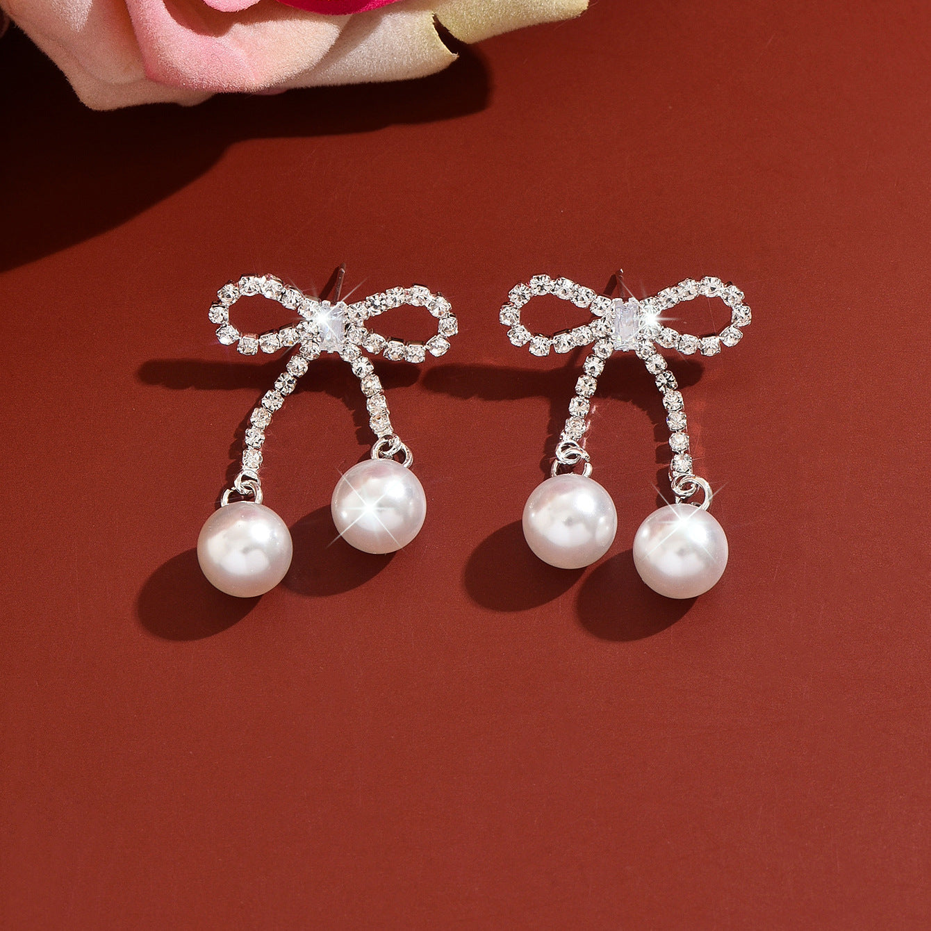 Bow Tie Earrings For Women With 925 Sterling Silver Posts, Sweet Style, Copper Base Electroplated With Rhinestones