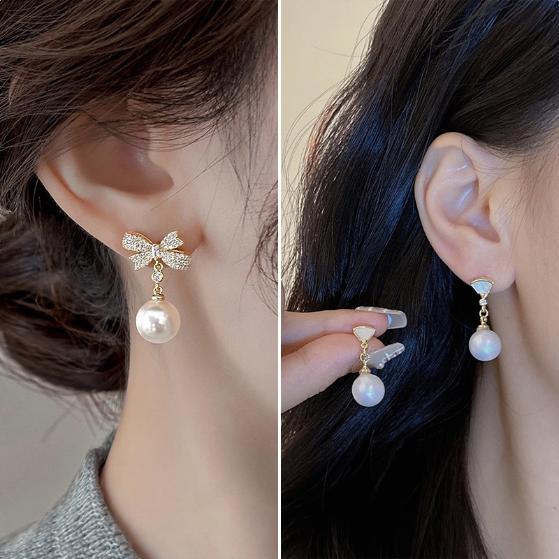Luxurious Bow Tie Drop Earrings For Women With Zircon Inlay, Featuring 925 Sterling Silver Studs