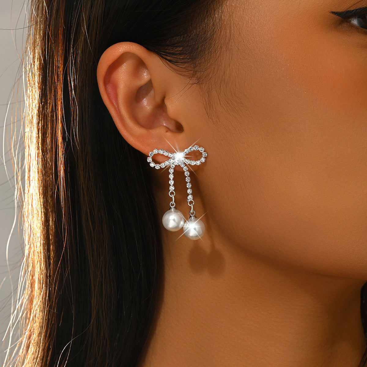 Bow Tie Earrings For Women With 925 Sterling Silver Posts, Sweet Style, Copper Base Electroplated With Rhinestones