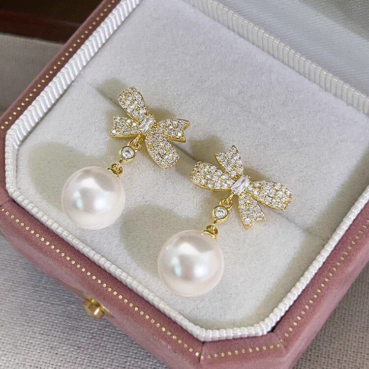 Luxurious Bow Tie Drop Earrings For Women With Zircon Inlay, Featuring 925 Sterling Silver Studs