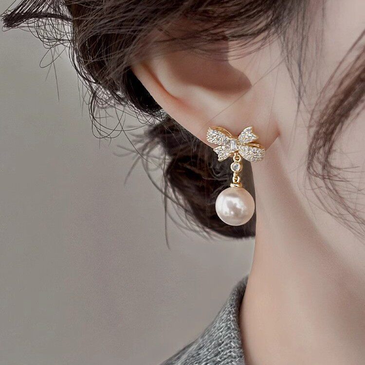 Luxurious Bow Tie Drop Earrings For Women With Zircon Inlay, Featuring 925 Sterling Silver Studs