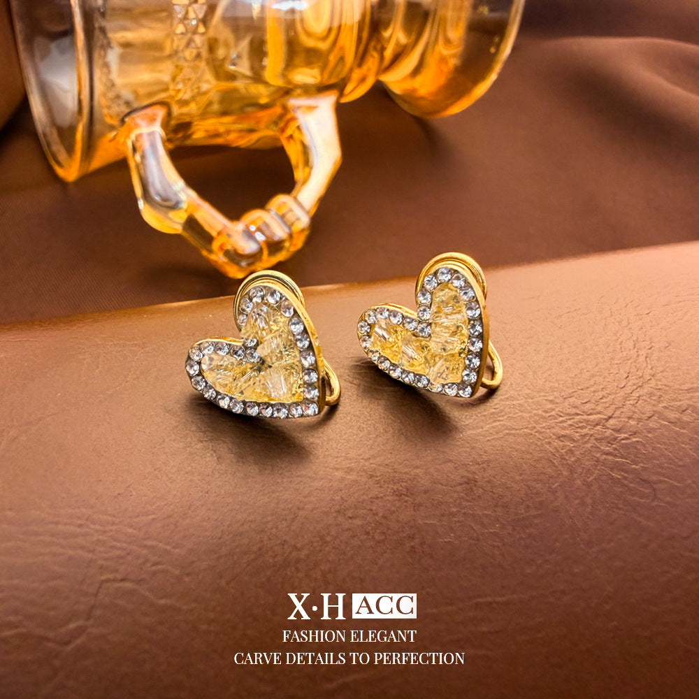 Elegant Heart Shape Clip Earrings For Women In Gold Alloy With Electroplated Finish And Artificial Pearl Inlay