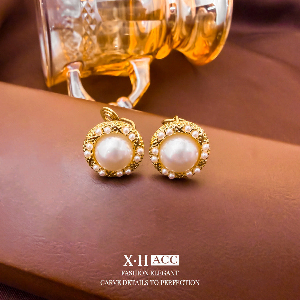 Elegant Heart Shape Clip Earrings For Women In Gold Alloy With Electroplated Finish And Artificial Pearl Inlay