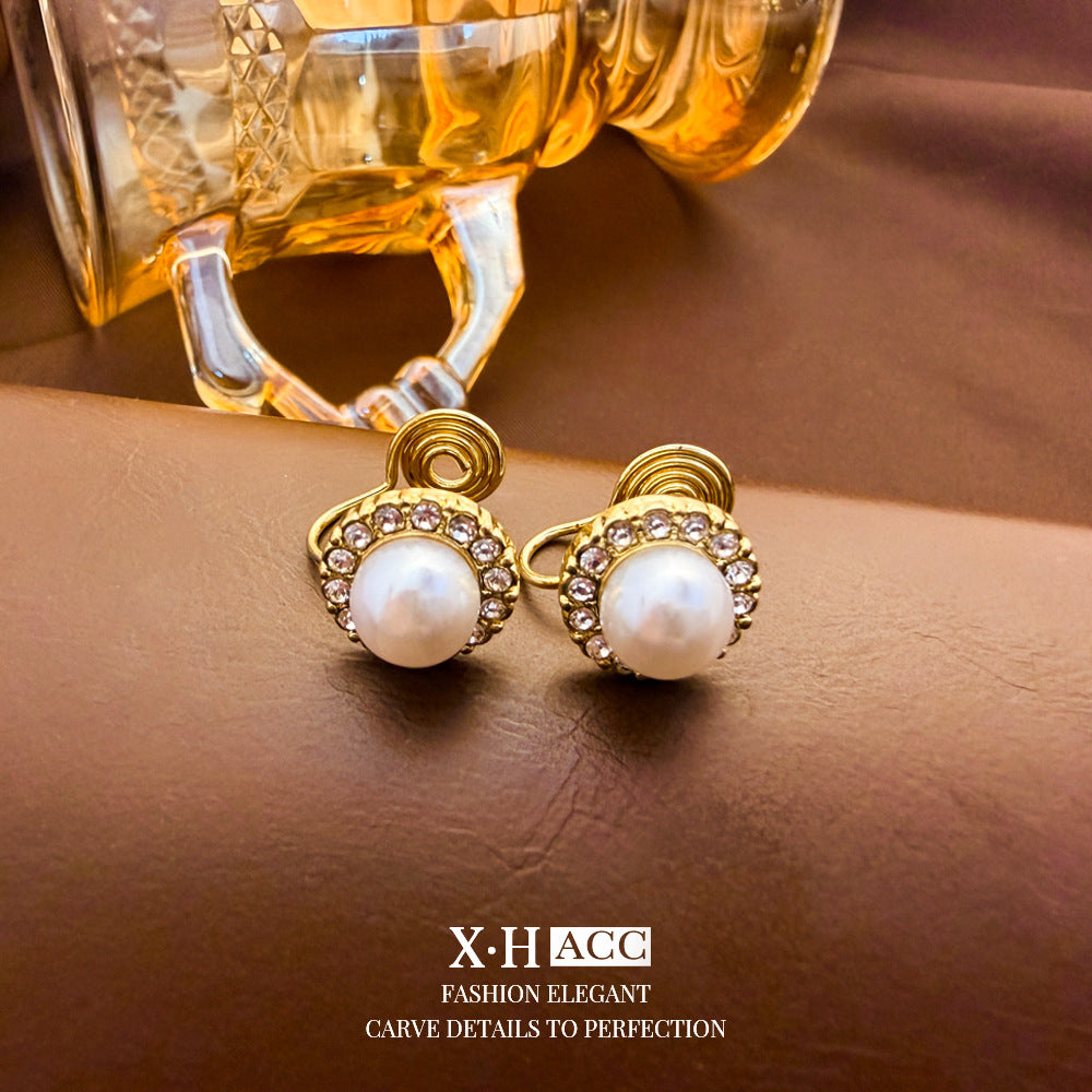 Elegant Heart Shape Clip Earrings For Women In Gold Alloy With Electroplated Finish And Artificial Pearl Inlay