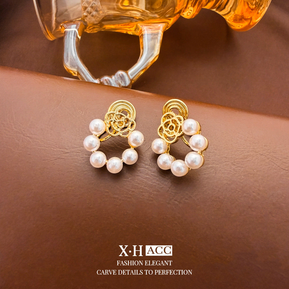 Elegant Heart Shape Clip Earrings For Women In Gold Alloy With Electroplated Finish And Artificial Pearl Inlay