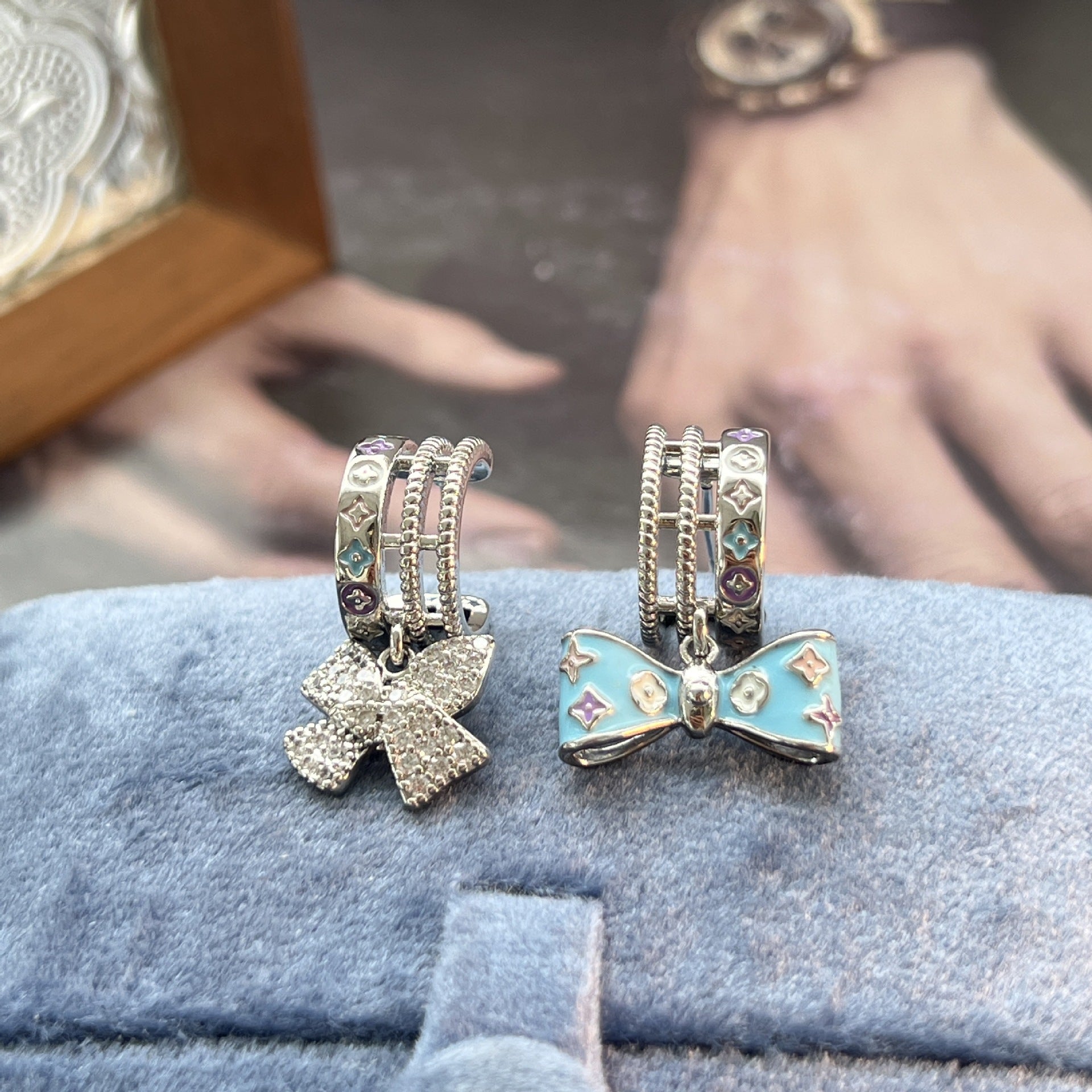 Bow Tie Earrings For Women Featuring Enamel Craft In Silver With 925 Sterling Silver Ear Pins And Copper Material