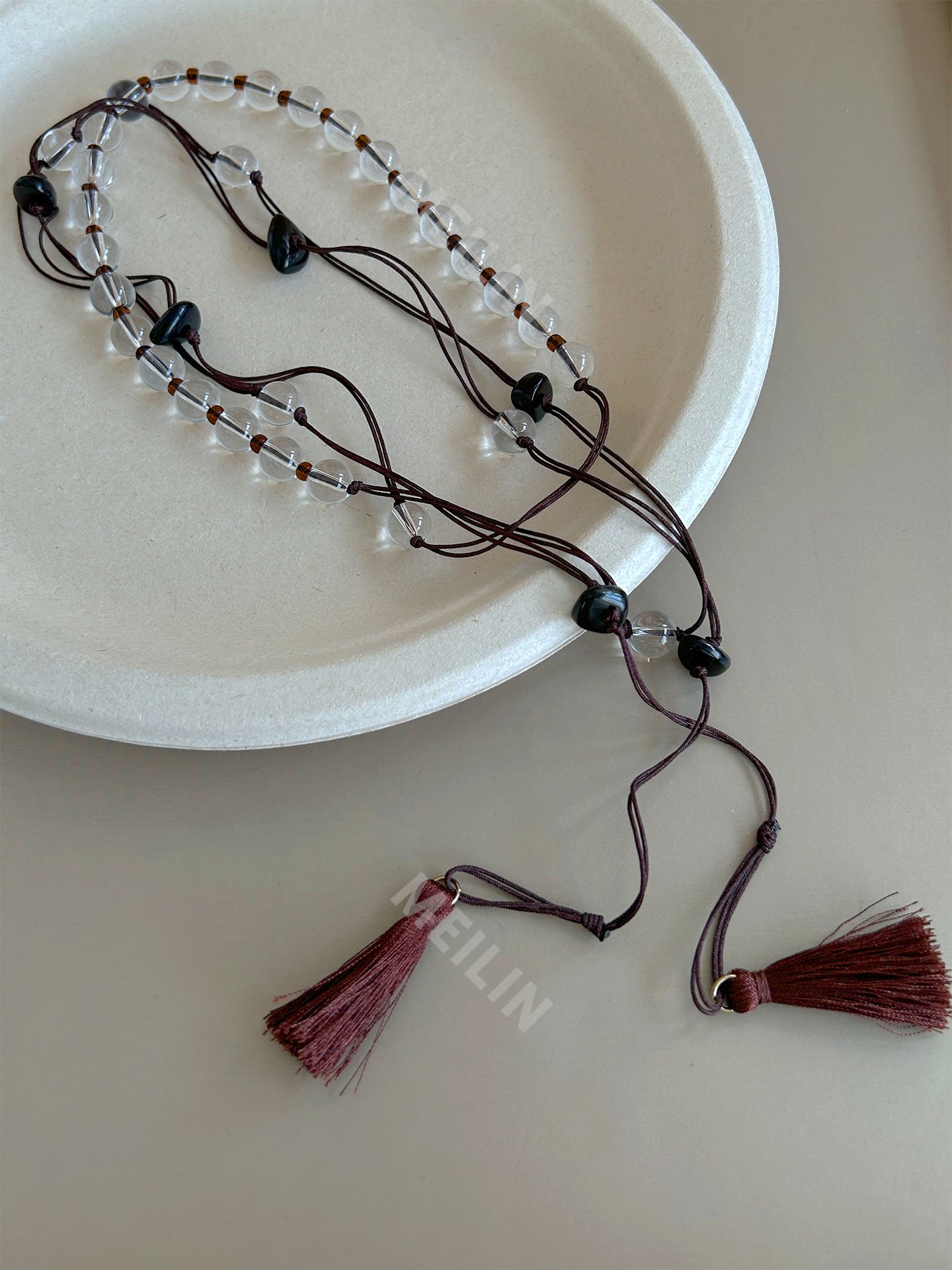 Maillard Style Long Tassel Necklace For Women With Transparent Crystal Inlay And Woven Chain Featuring Braid Craft In Mixed Materials
