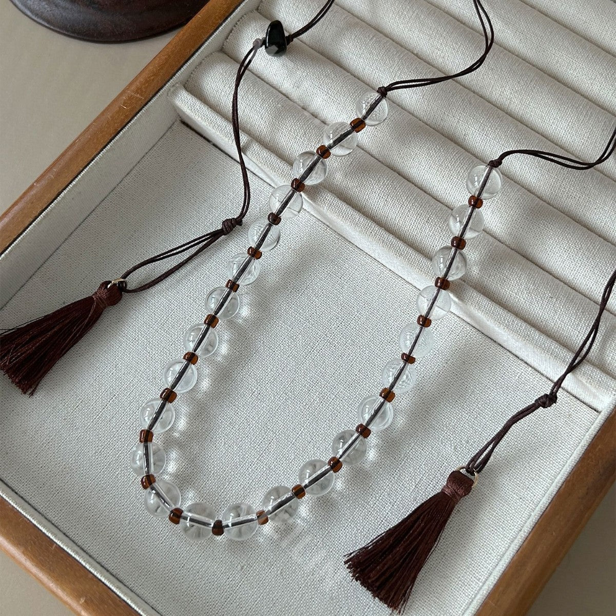 Maillard Style Long Tassel Necklace For Women With Transparent Crystal Inlay And Woven Chain Featuring Braid Craft In Mixed Materials