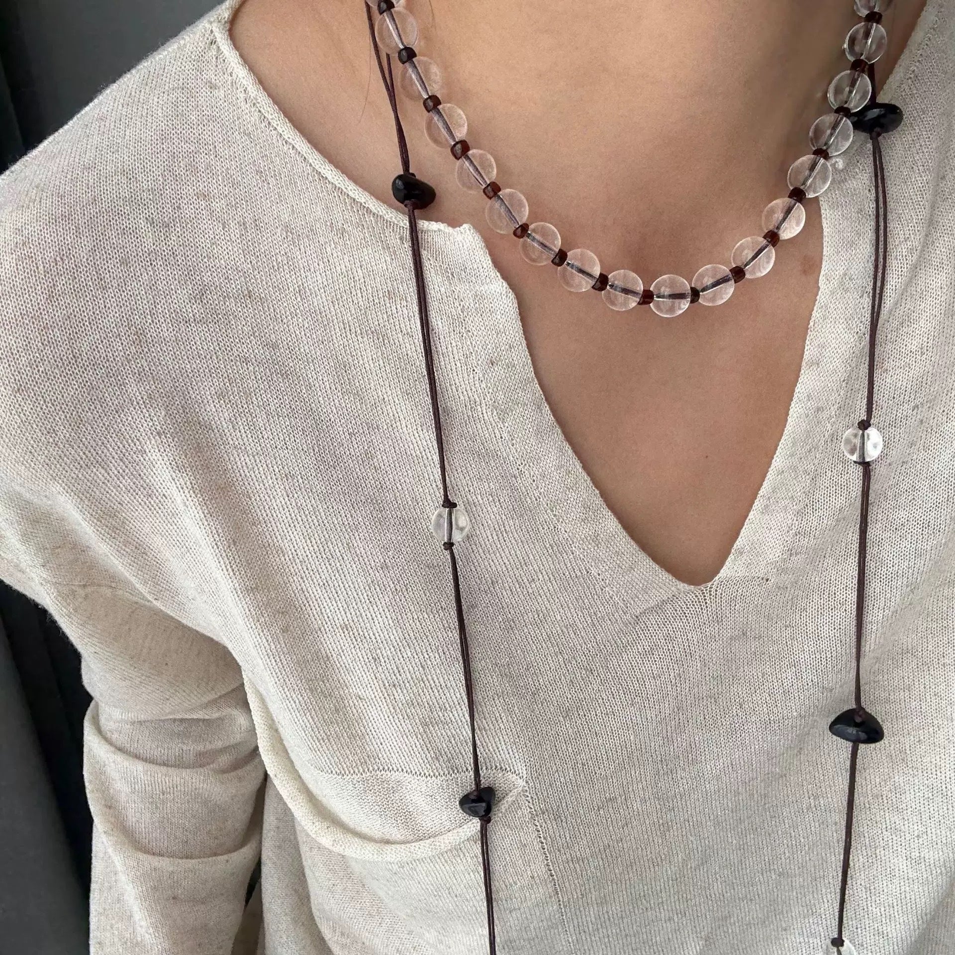 Maillard Style Long Tassel Necklace For Women With Transparent Crystal Inlay And Woven Chain Featuring Braid Craft In Mixed Materials