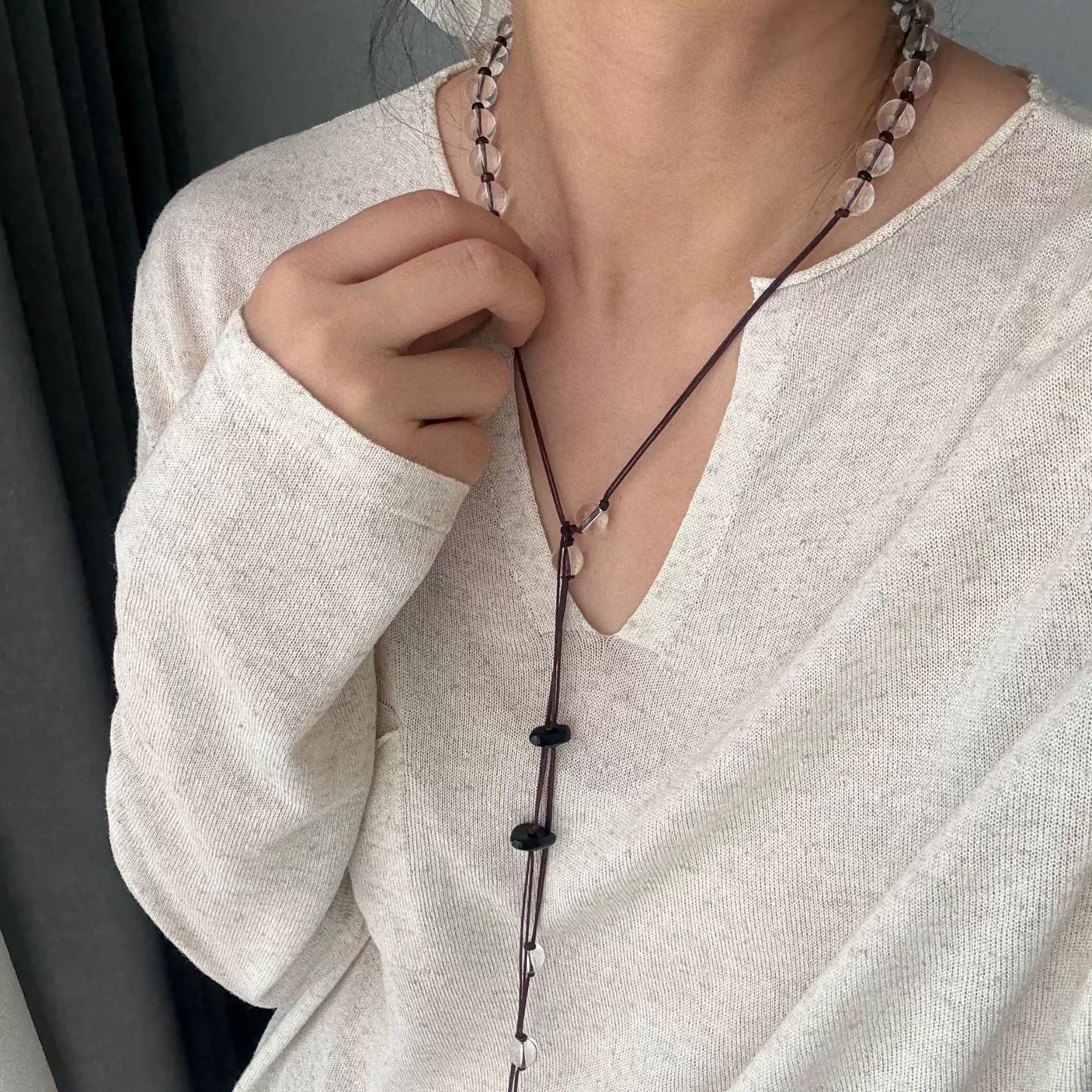 Maillard Style Long Tassel Necklace For Women With Transparent Crystal Inlay And Woven Chain Featuring Braid Craft In Mixed Materials