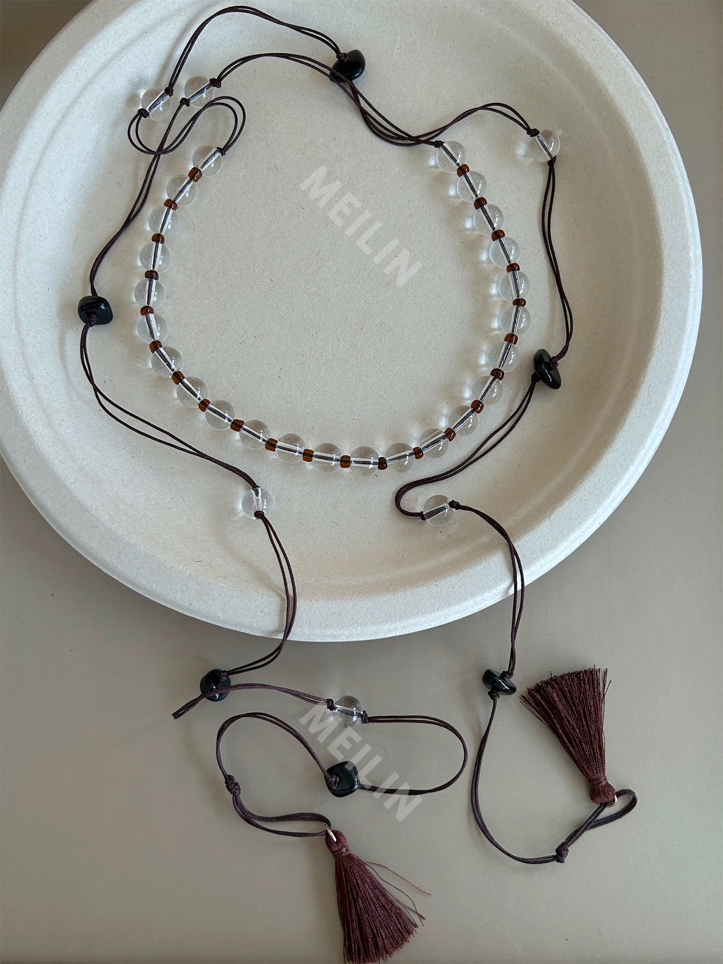 Maillard Style Long Tassel Necklace For Women With Transparent Crystal Inlay And Woven Chain Featuring Braid Craft In Mixed Materials