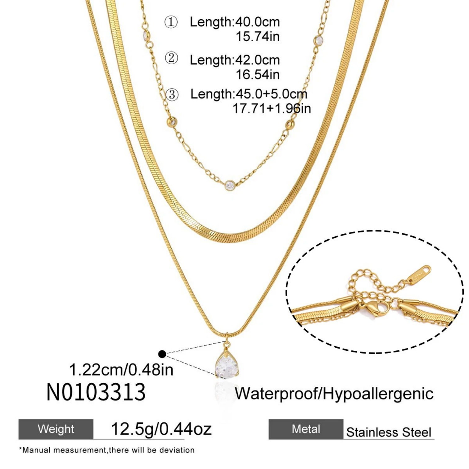 Hypoallergenic Water Droplets Necklace For Women, 18K Gold Plated 304 Stainless Steel With Zircon Inlay, PVD Coated Chain