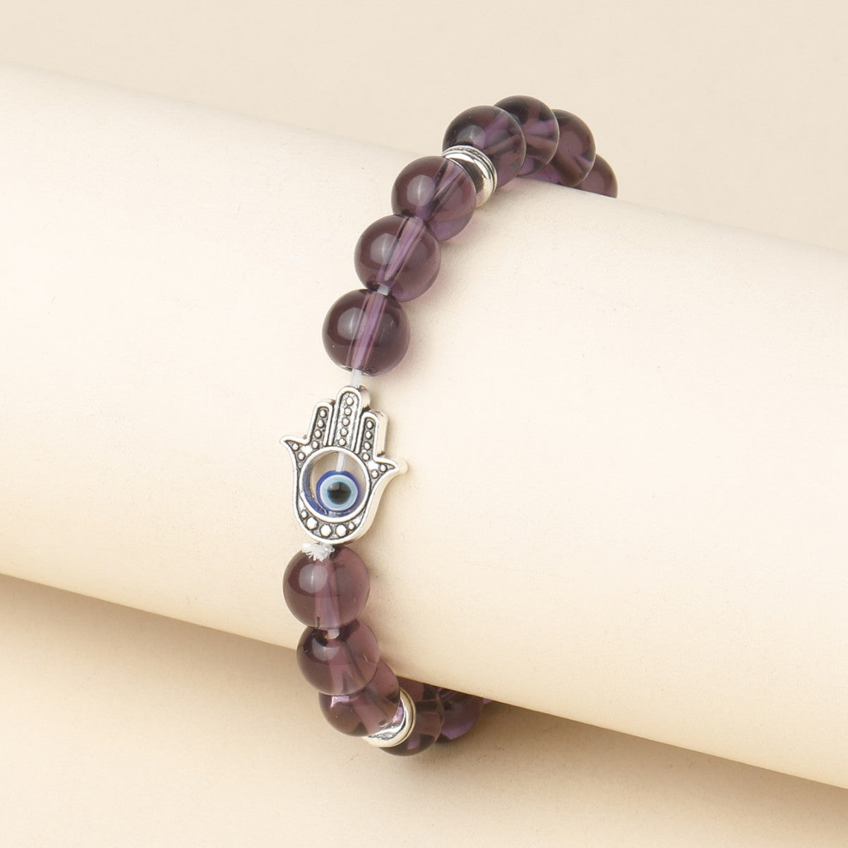 Handmade Hand Of Fatima Unisex Bracelet In Purple Featuring Natural Stone