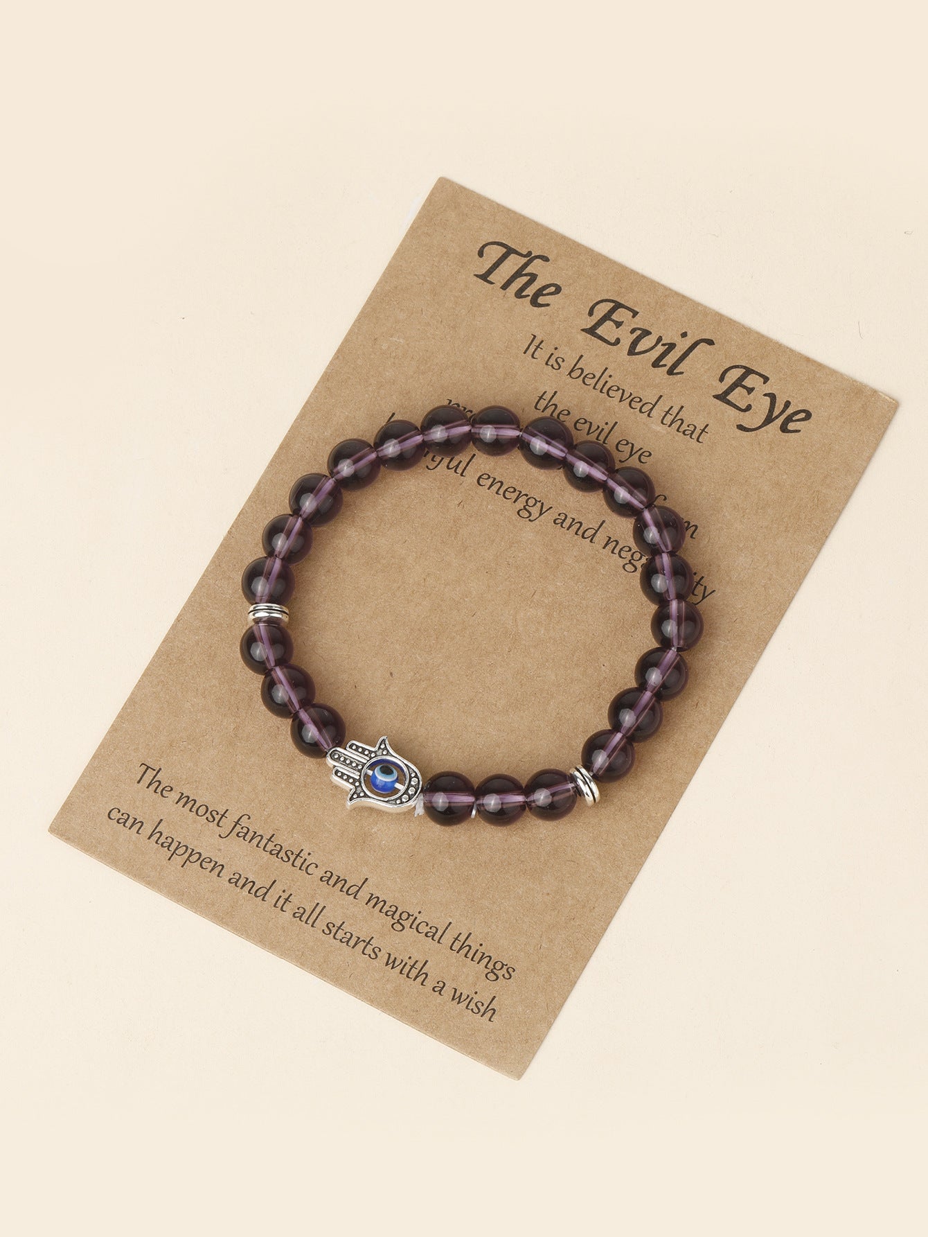 Handmade Hand Of Fatima Unisex Bracelet In Purple Featuring Natural Stone