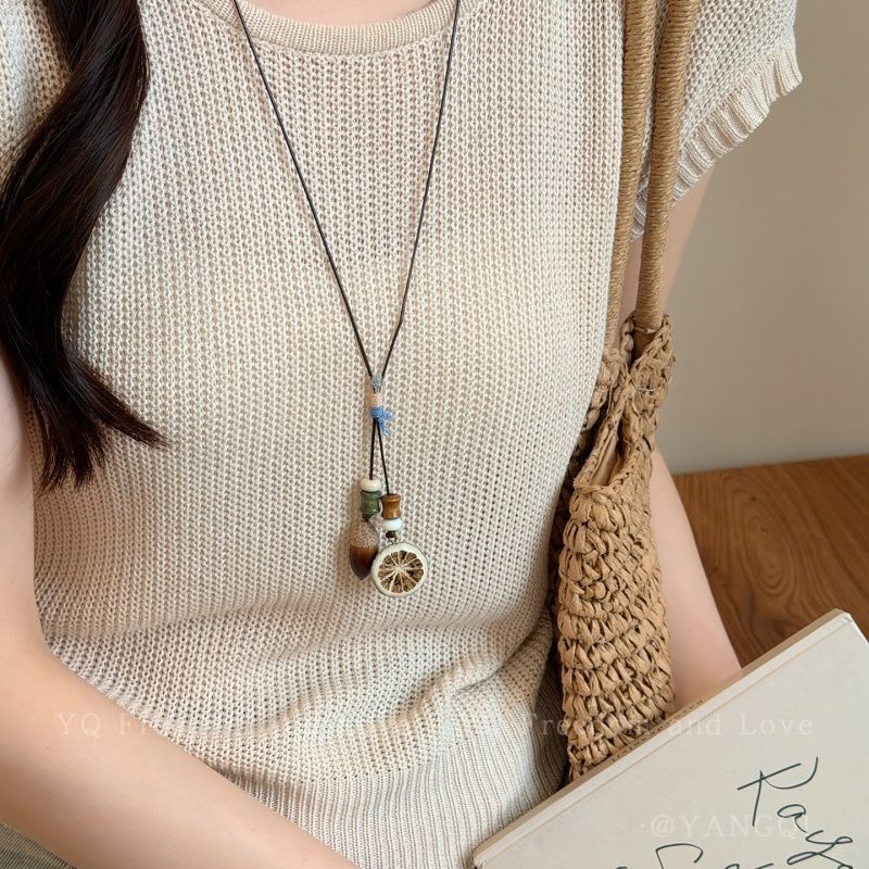Bohemian Ethnic Long Necklace For Women Featuring Wood Carving Pendant On Cord String