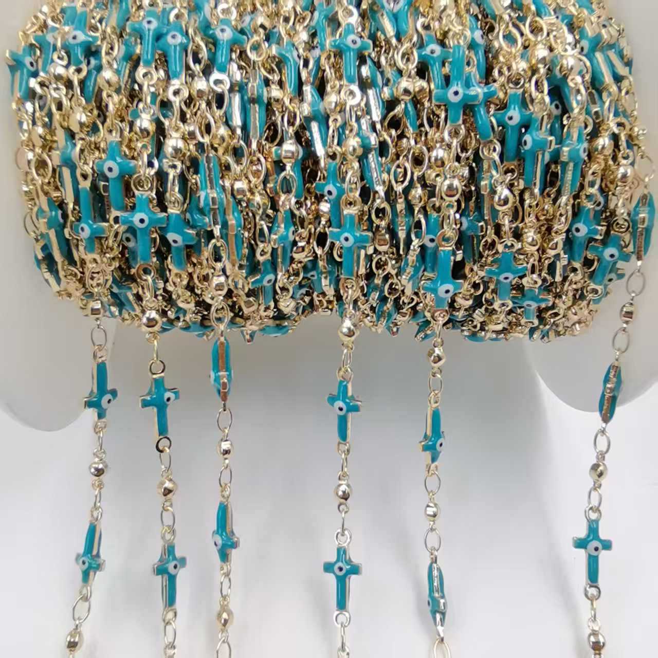 Gold Enamel Cross Copper Chain Featuring Handmade Chain Style For Jewelry Accessories