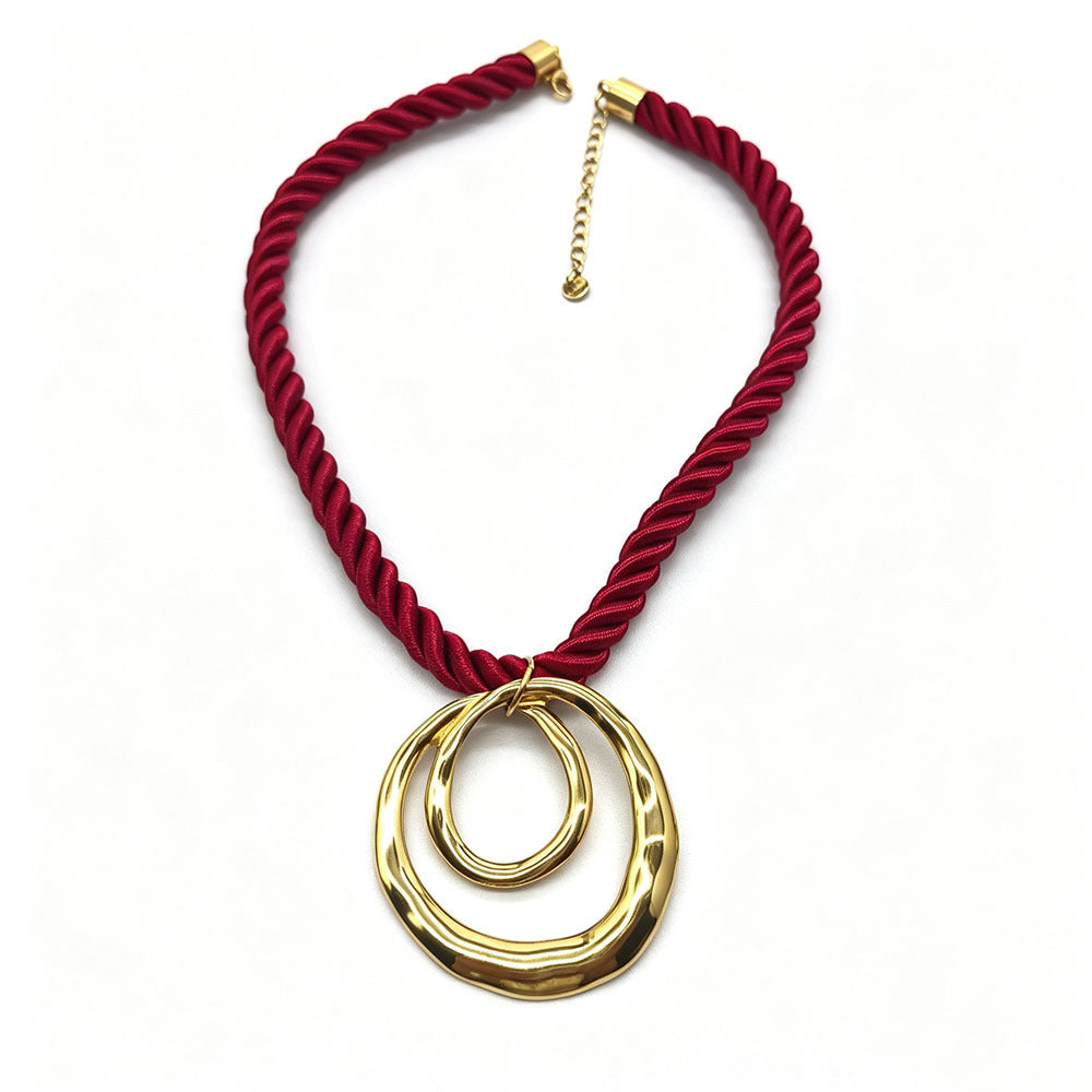 Double Ring Braid Necklace For Women With 304 Stainless Steel Pendant And Rope Chain