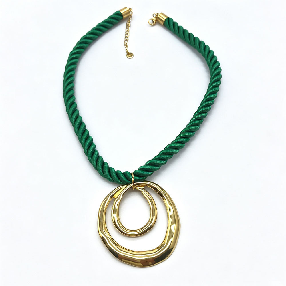 Double Ring Braid Necklace For Women With 304 Stainless Steel Pendant And Rope Chain