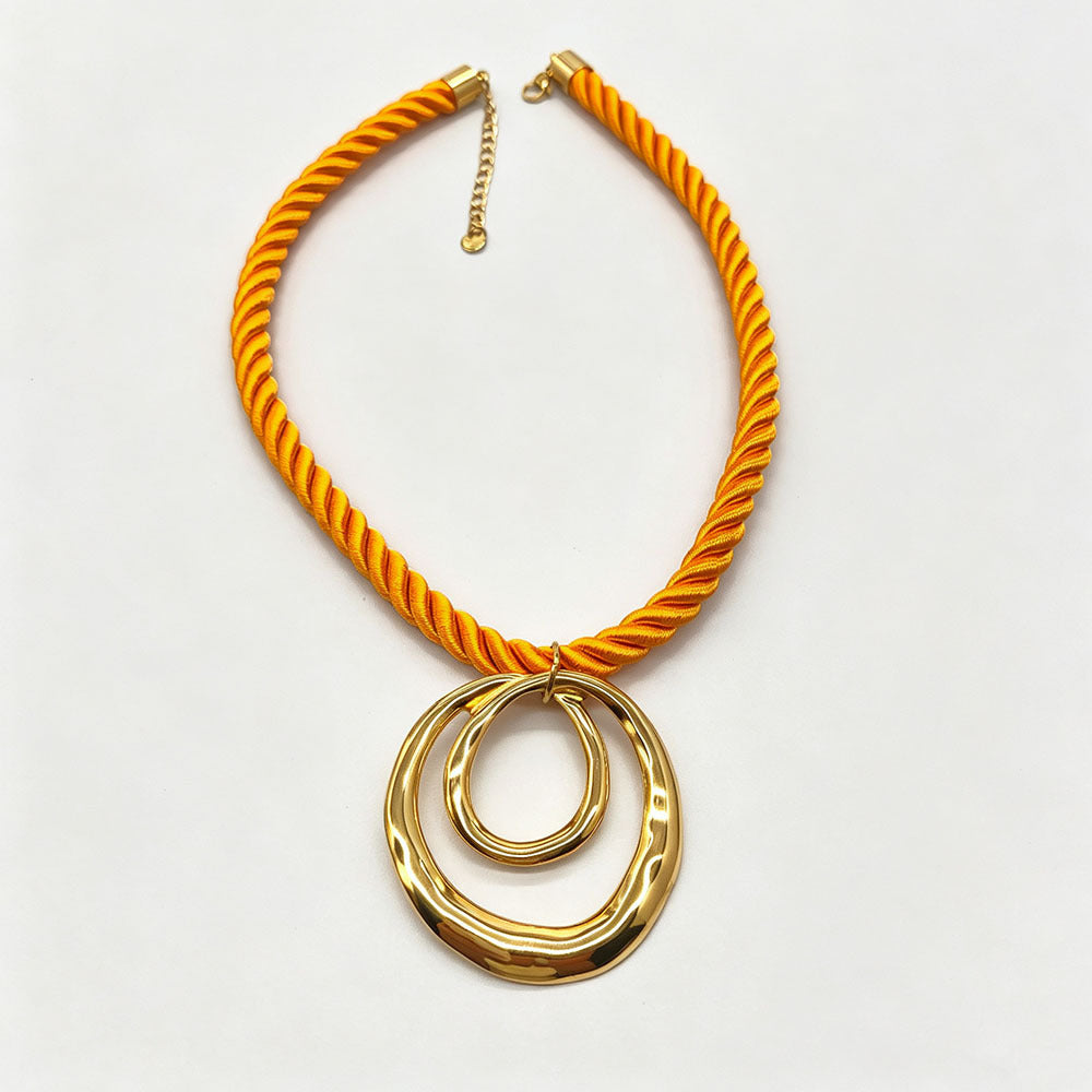 Double Ring Braid Necklace For Women With 304 Stainless Steel Pendant And Rope Chain