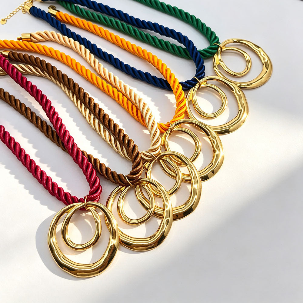 Double Ring Braid Necklace For Women With 304 Stainless Steel Pendant And Rope Chain