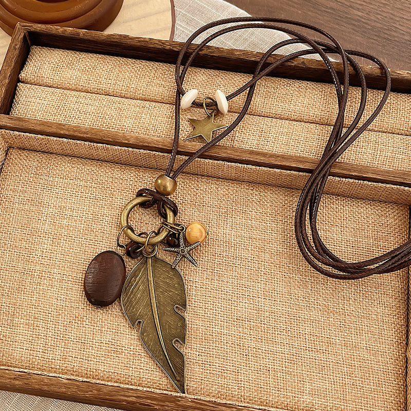 Ethnic Style Handmade Brown Cotton Braid Plant Sweater Chain Necklace For Unisex