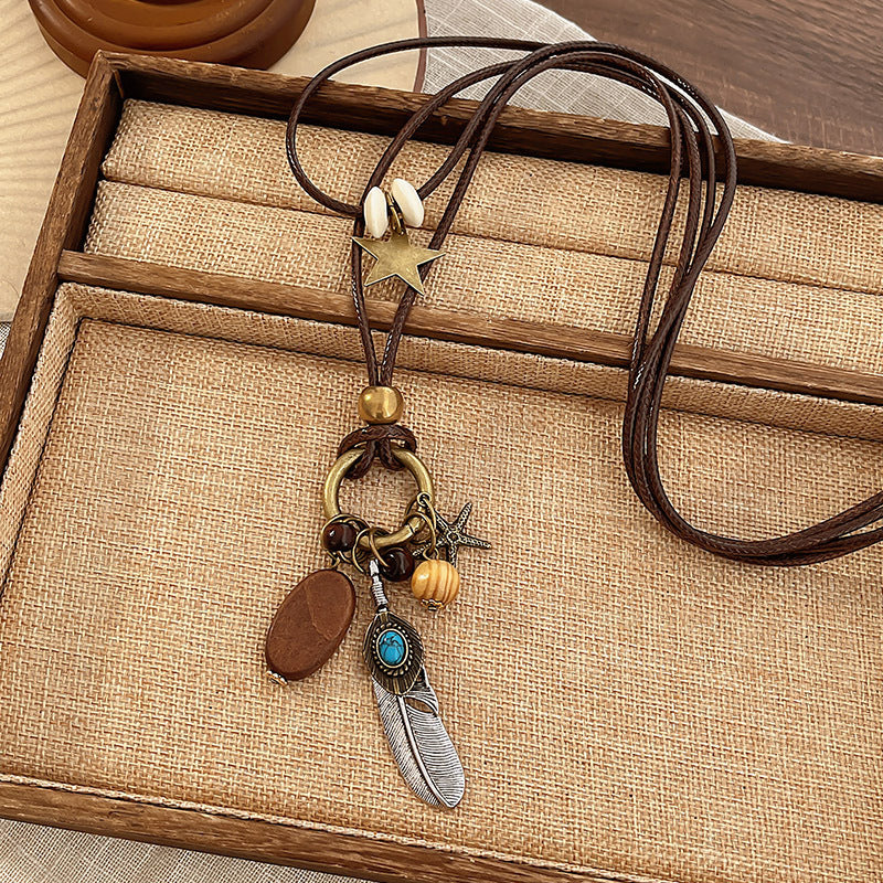 Ethnic Style Handmade Brown Cotton Braid Plant Sweater Chain Necklace For Unisex