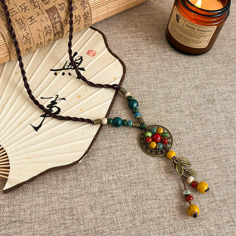 Ethnic Style Handmade Brown Cotton Braid Plant Sweater Chain Necklace For Unisex