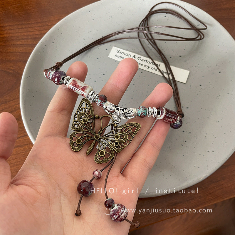 Ethnic Style Handmade Brown Cotton Braid Plant Sweater Chain Necklace For Unisex