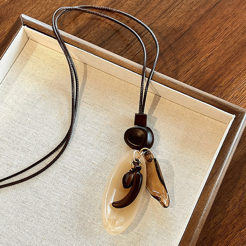 Ethnic Style Handmade Brown Cotton Braid Plant Sweater Chain Necklace For Unisex