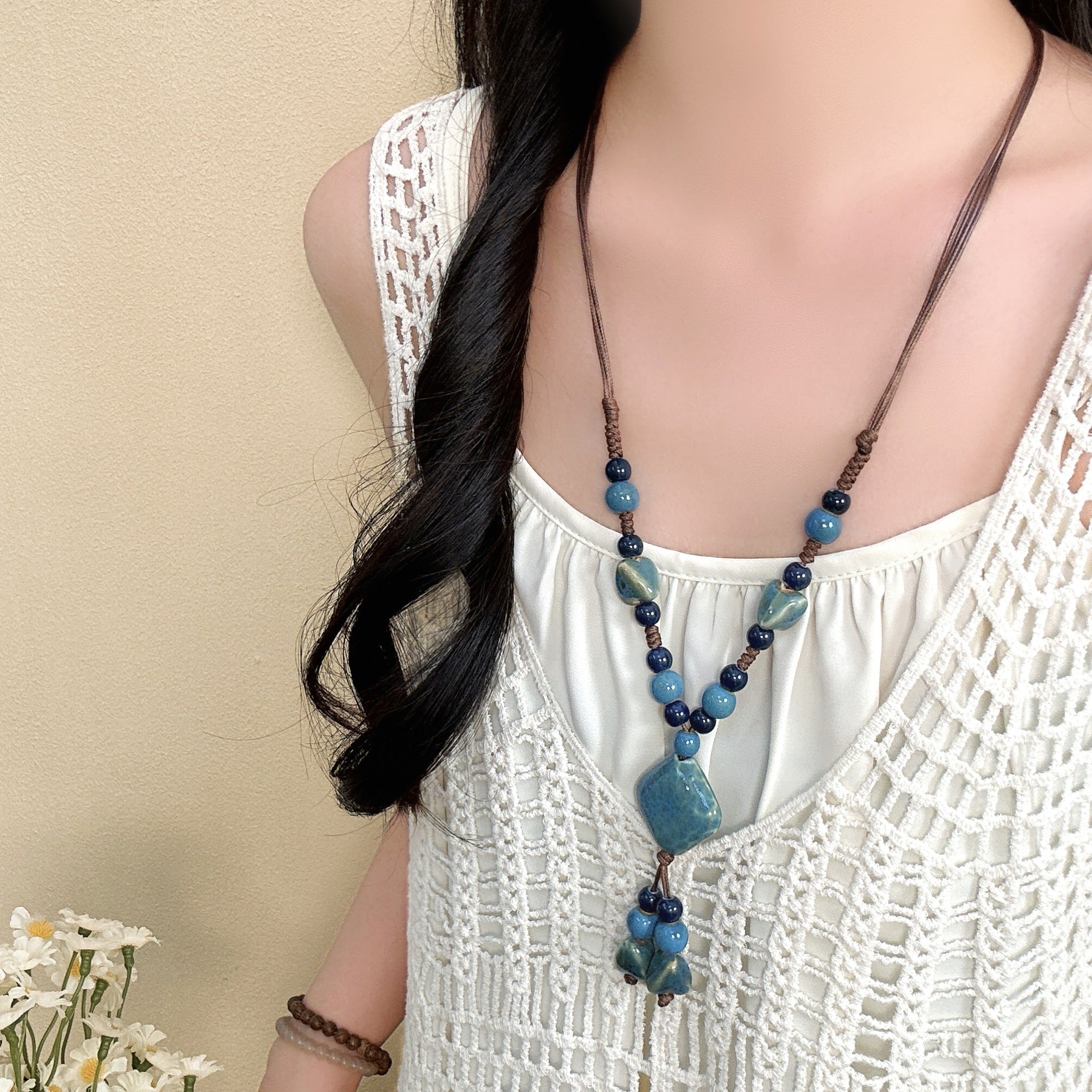 Ethnic Style Ceramic Necklace For Women With Beaded Chain Featuring Colourful Beading Craft