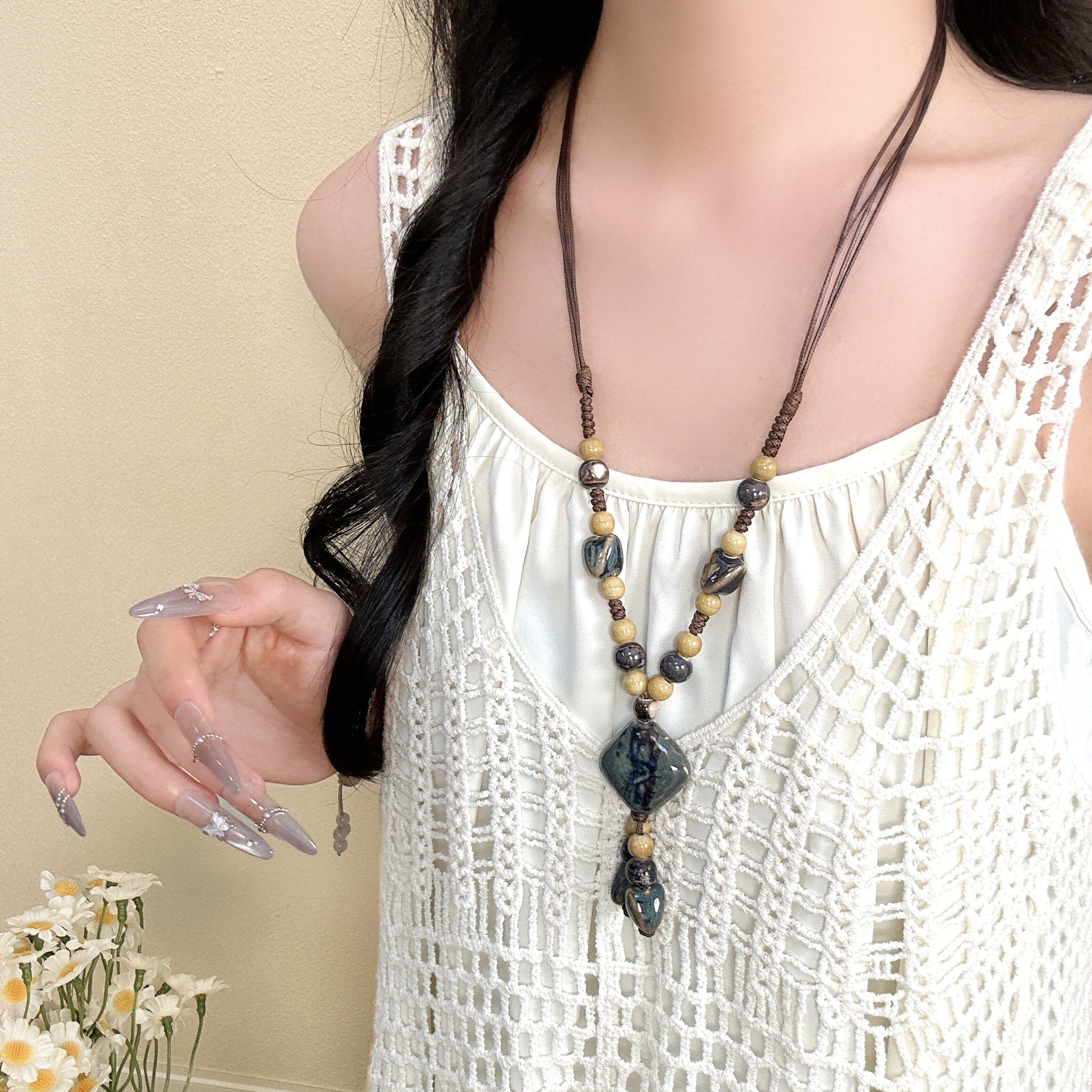 Ethnic Style Ceramic Necklace For Women With Beaded Chain Featuring Colourful Beading Craft