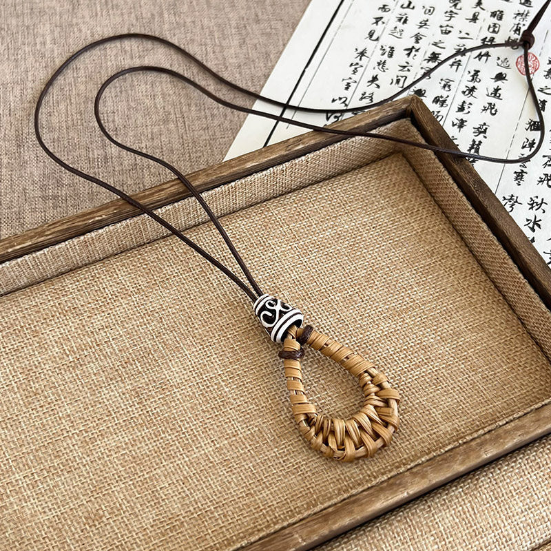 Ethnic Style Handmade Brown Cotton Braid Plant Sweater Chain Necklace For Unisex