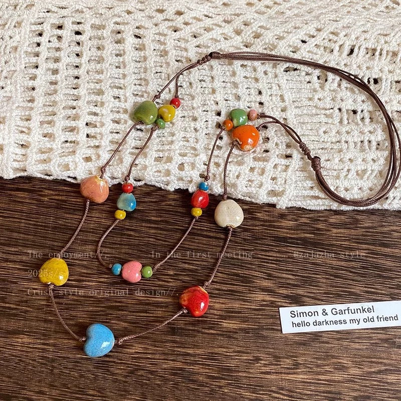 Heart Shape Double Layer Necklace For Women With Brown Braid Woven Chain In Ethnic Style, Mixed Materials
