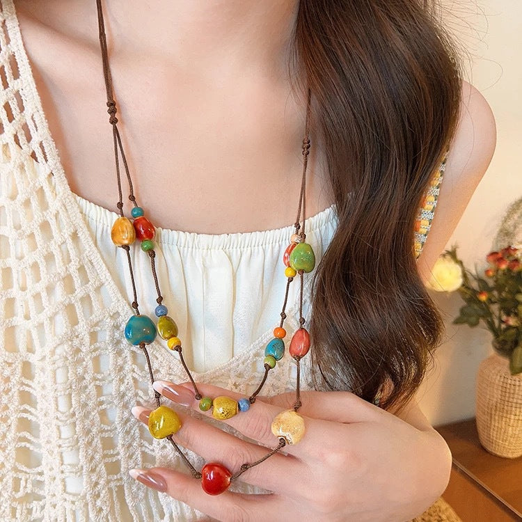 Heart Shape Double Layer Necklace For Women With Brown Braid Woven Chain In Ethnic Style, Mixed Materials