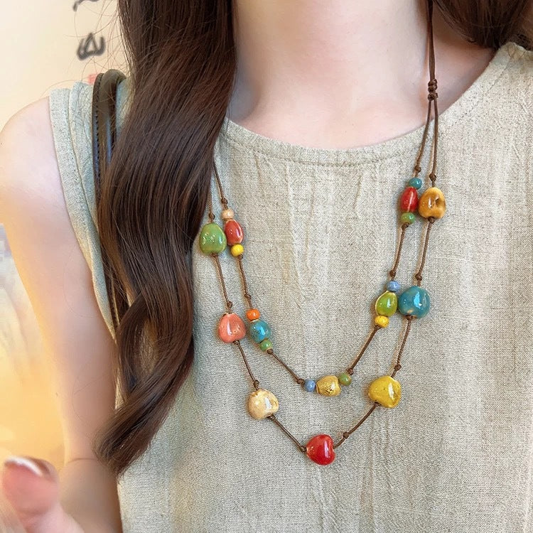 Heart Shape Double Layer Necklace For Women With Brown Braid Woven Chain In Ethnic Style, Mixed Materials