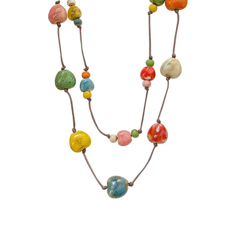 Heart Shape Double Layer Necklace For Women With Brown Braid Woven Chain In Ethnic Style, Mixed Materials