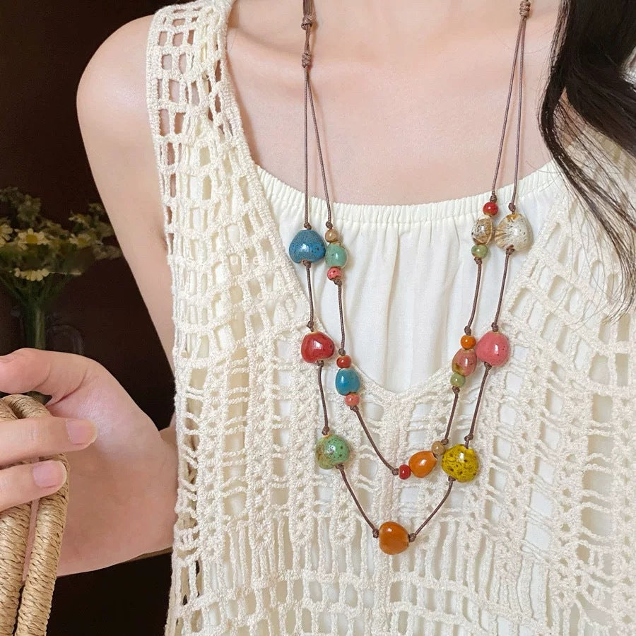Heart Shape Double Layer Necklace For Women With Brown Braid Woven Chain In Ethnic Style, Mixed Materials