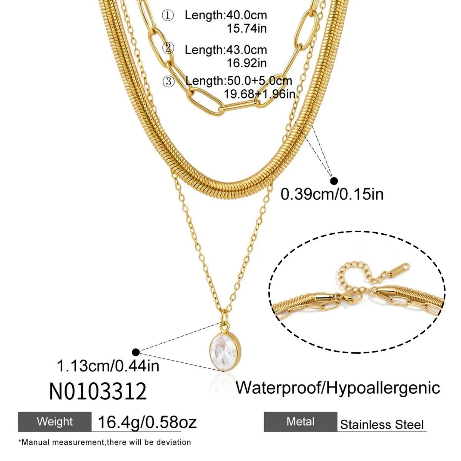 Geometric Hypoallergenic Necklace For Women With 18K Real Gold Plated 304 Stainless Steel, PVD Coated, Zircon Inlay, Handmade Chain